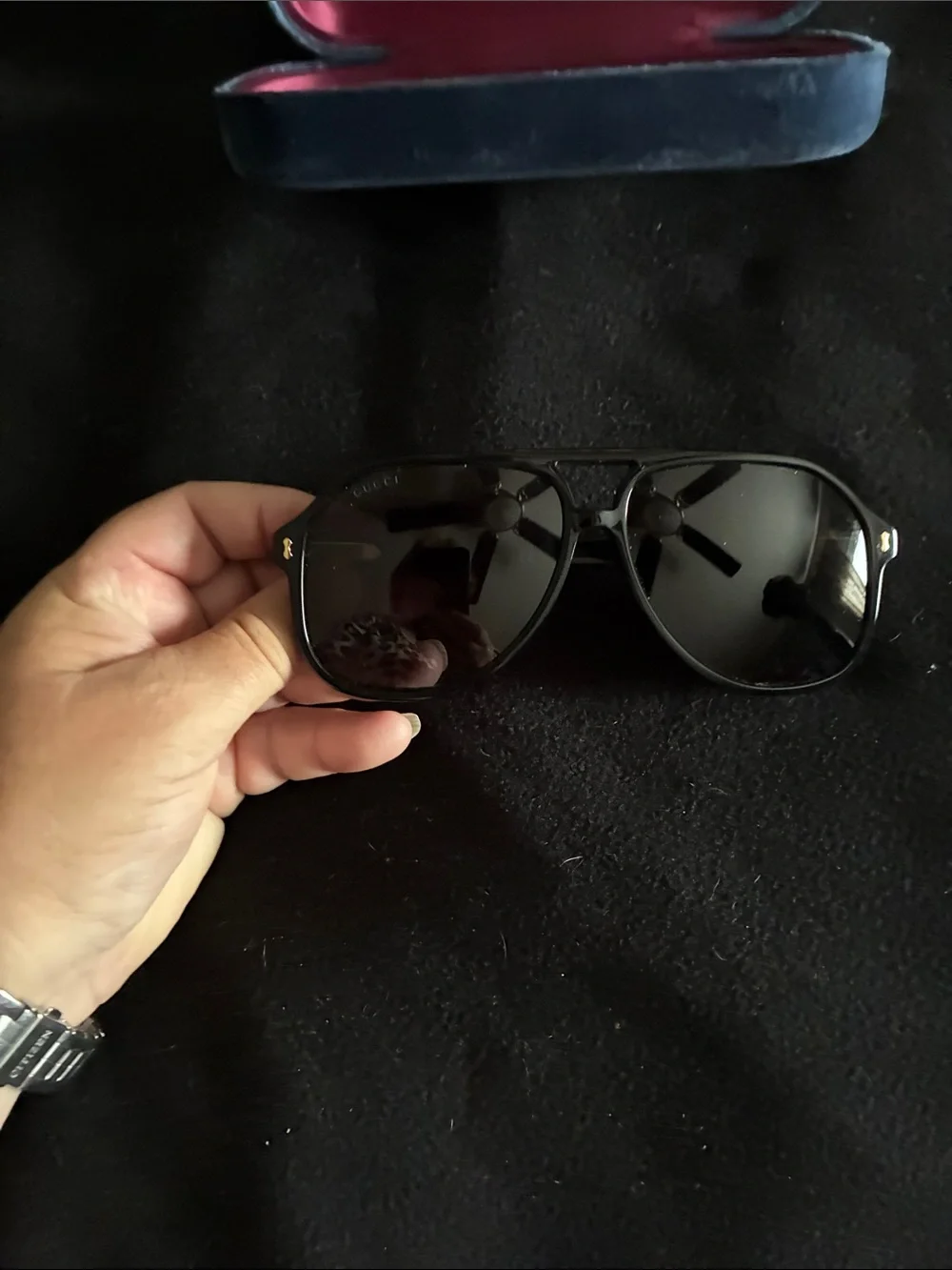 Gucci Blue Velvet Case with Navigator Shape Sunglasses